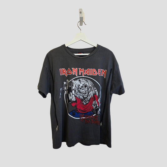 A grey upcycled Iron Maiden UK14 nursing and pumping t-shirt by George, featuring the band's name and monster graphic on the front, made from eco-friendly materials.