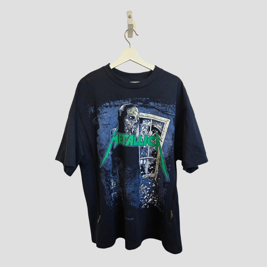 An upcycled navy/green Metallica band t-shirt (XL) by H&M, designed for breastfeeding and pumping—an eco-friendly option for metal fans.