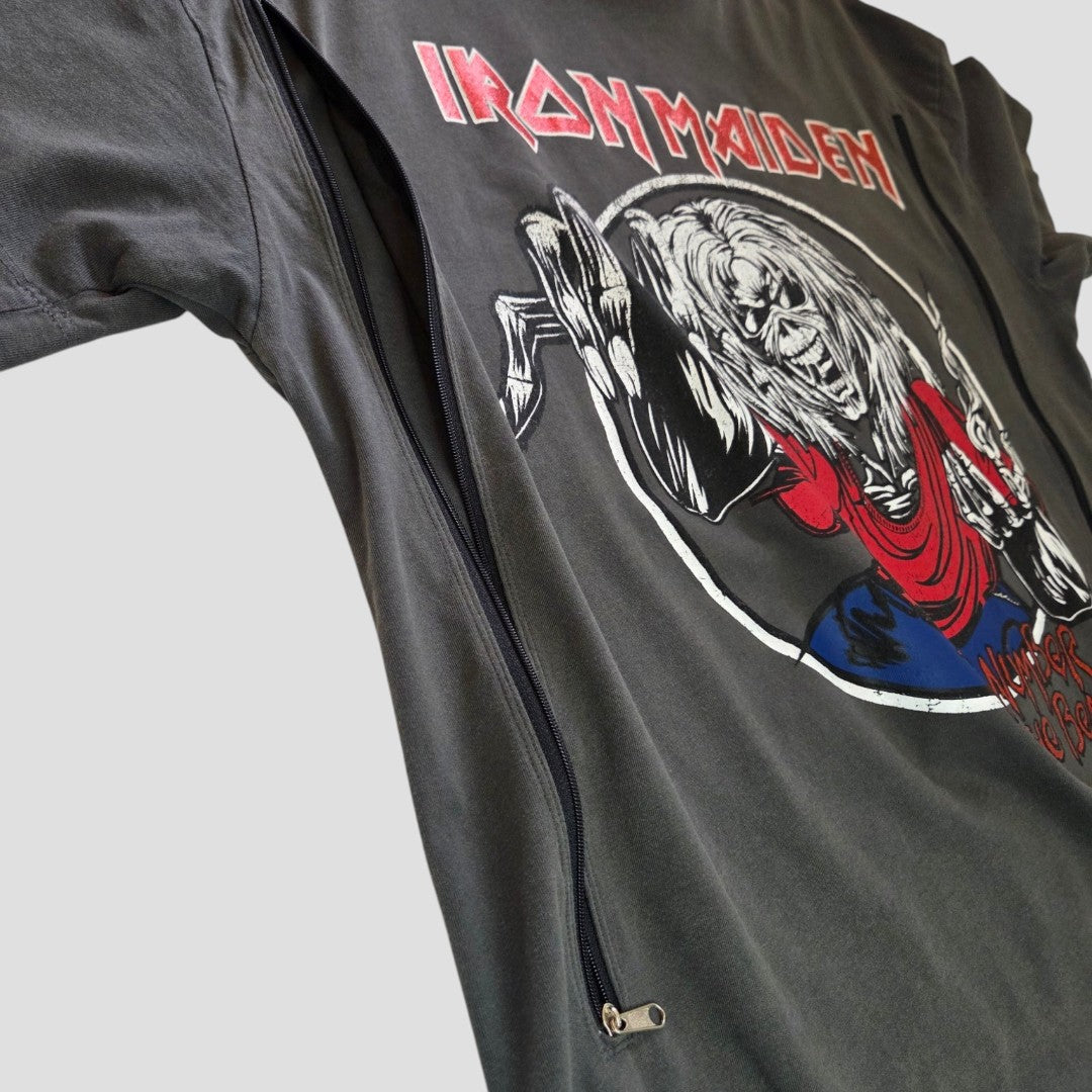 A close-up of the George Upcycled Breastfeeding & Pumping Grey Iron Maiden Band t-shirt UK14 (100468) featuring Eddie and a side zipper for discreet nursing, with the band’s logo set against a plain light background.
