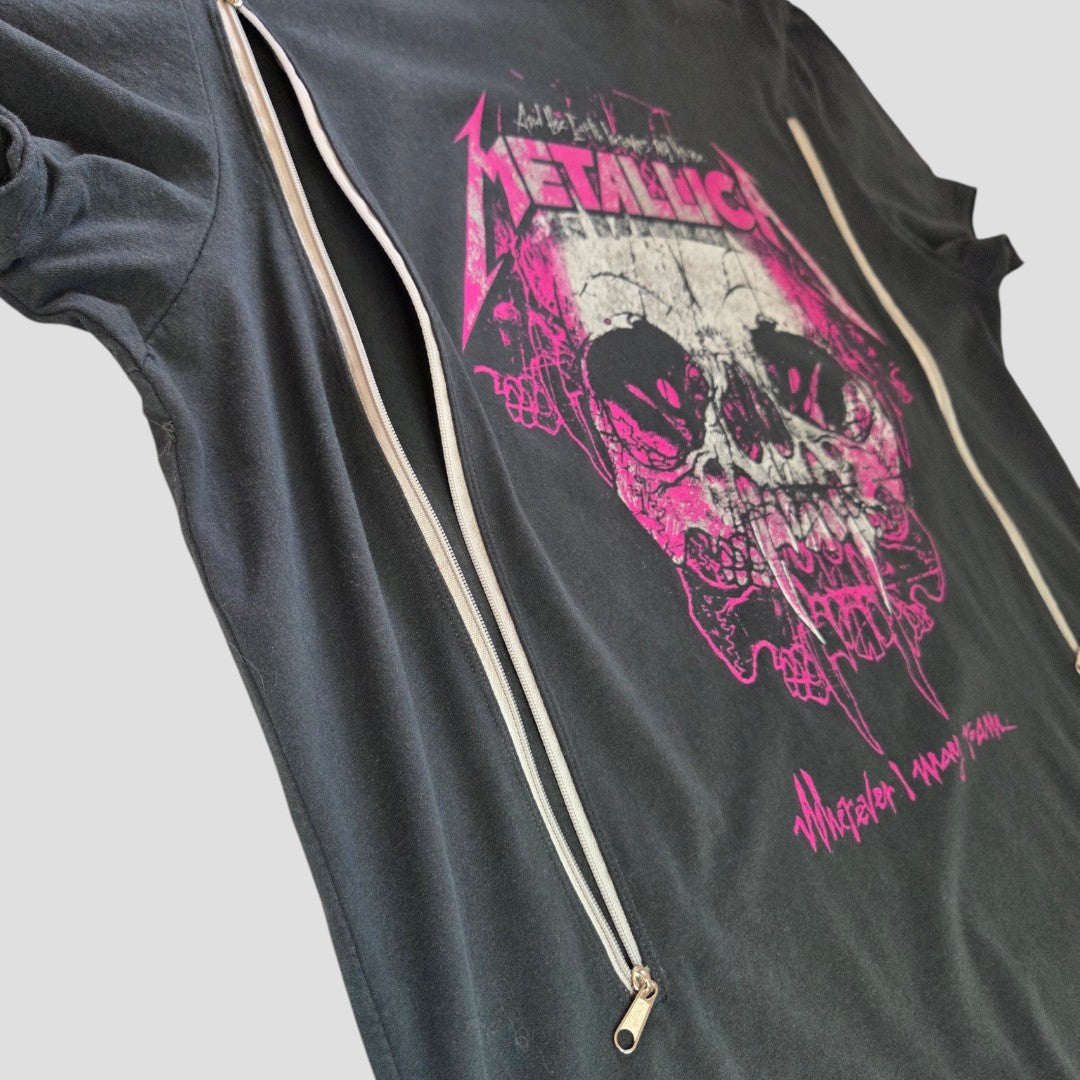 Amplified's Upcycled Breastfeeding & Pumping Black/Pink Metallica Band t-shirt XL features a pink logo, skull graphic, two vertical nursing zippers, and "Whatever may come..." written in pink at the bottom right.