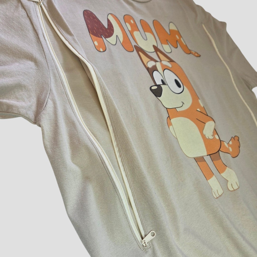 The Gildan Upcycled Breastfeeding & Pumping Bluey Chilli Mum t-shirt XL (100522) features a cartoon dog with "MUM" above, plus two vertical zippers for easy nursing—an affordable and practical choice for breastfeeding moms.