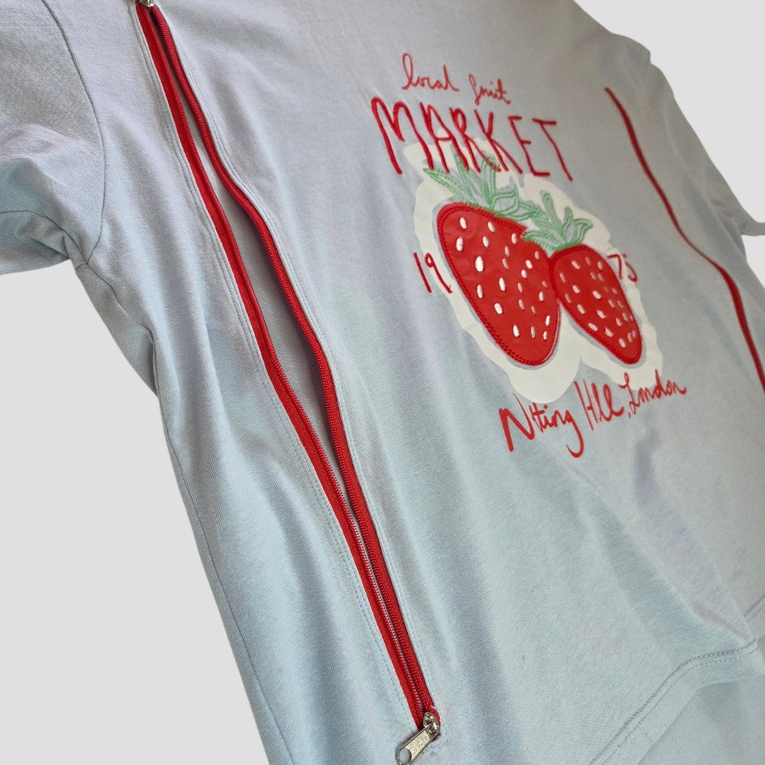 The Upcycled Breastfeeding & Pumping Blue Strawberry Market t-shirt UK16 by George features two large red strawberries, easy nursing access, and "local fruit MARKET 1973 Niting ALLe London" text—perfect for stylish breastfeeding.