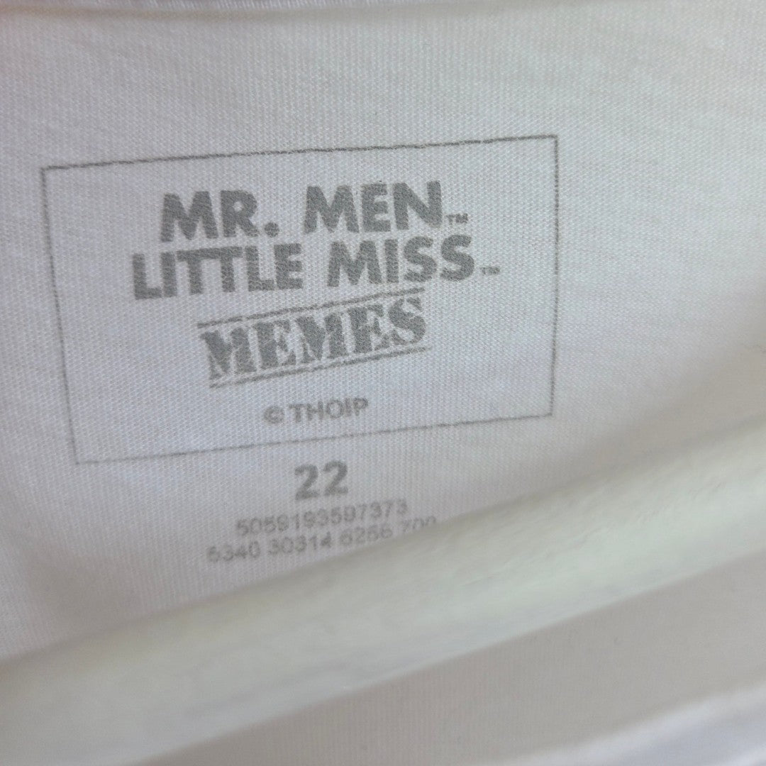 A clothing tag reading "MR. MEN LITTLE MISS MEMES © THOIP" with the number 22 and other small numbers is attached to a white, 100% cotton Upcycled Breastfeeding & Pumping Little Miss Angry t-shirt UK22 by njscreenprints.