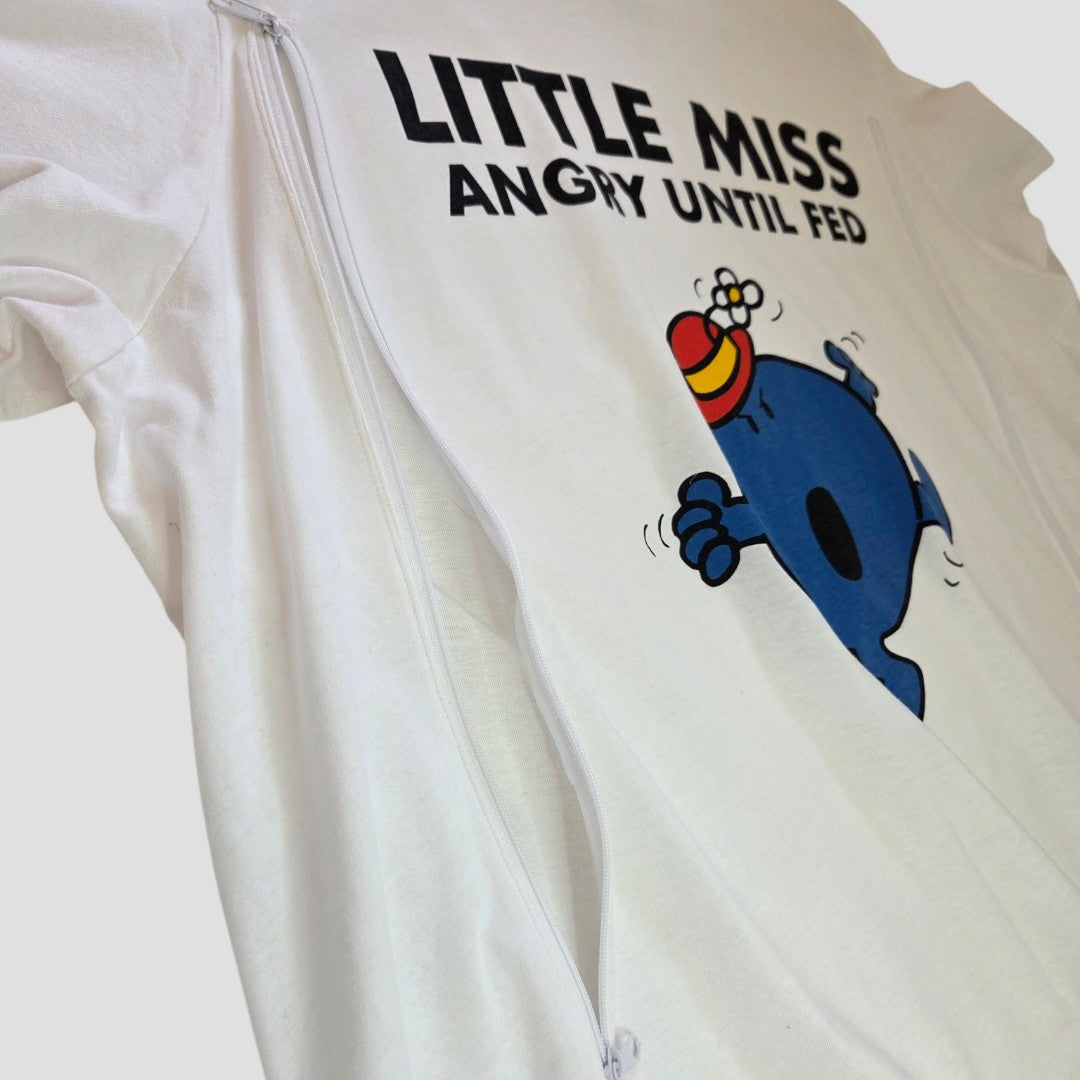 The Upcycled Breastfeeding & Pumping Little Miss Angry t-shirt (UK22, njscreenprints) is a 100% cotton tee with a cartoon character and "LITTLE MISS ANGRY UNTIL FED" text, featuring a side hidden zipper for easy nursing access.