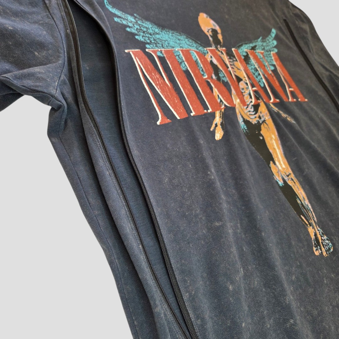A close-up of a Primark Upcycled Breastfeeding & Pumping Grey/Turquoise Nirvana Angel Band t-shirt (L, UK14/16) featuring a winged figure and large band name. The center zip makes it both stylish and practical nursing wear.