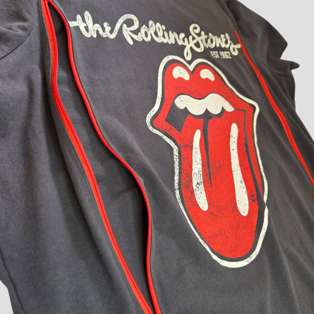 A close-up of Primark's Upcycled Breastfeeding & Pumping Grey/Red The Rolling Stones Tongue Band T-shirt (XL, #100536), featuring the iconic red lips logo, white band name above, and vertical red stripes on the sides.