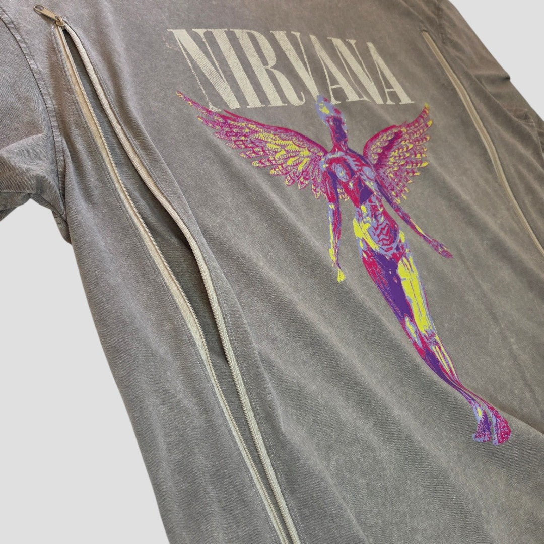Primark upcycled grey/pink Nirvana Angel t-shirt (M, UK12/14) features bold band art and two vertical zippers for easy nursing or pumping—perfect for stylish breastfeeding fans.