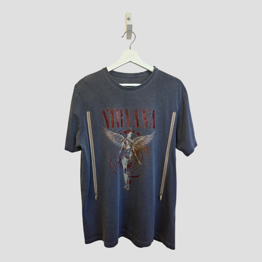 The Next Upcycled Breastfeeding & Pumping Grey/Brown Nirvana Band t-shirt (M, 100555) features two front zippers for easy nursing access. It’s shown on a white hanger against a light gray background—stylish nursing wear.