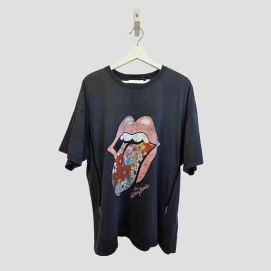 The Next Upcycled Breastfeeding & Pumping Floral The Rolling Stones Band t-shirt XL (100542) features a colorful lips and tongue graphic with a floral mouth, shown hanging on a white hanger against a plain gray background.