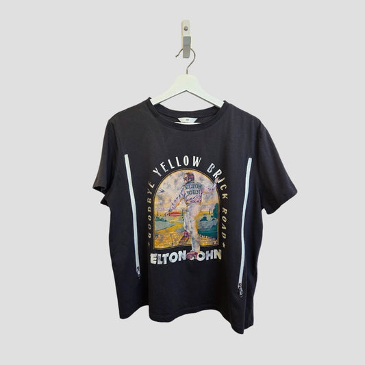 An upcycled grey H&M band T-shirt (XL) for breastfeeding and pumping features a colorful Elton John "Goodbye Yellow Brick Road" graphic and two white vertical zippers on each side.