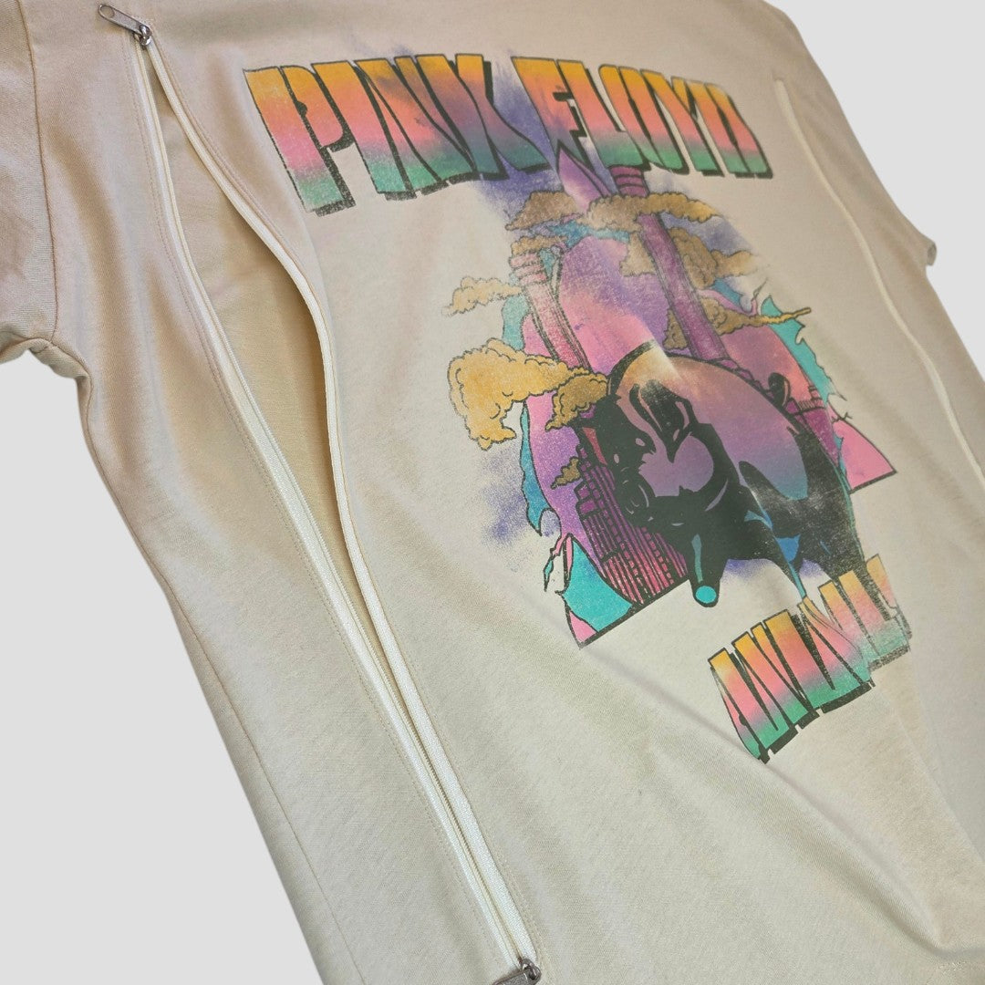 The Primark Upcycled Breastfeeding & Pumping Cream Pink Floyd Band T-shirt (L, UK14/16) features long side zippers for easy nursing access and a vibrant Animals album graphic—perfect stylish wear for breastfeeding moms.