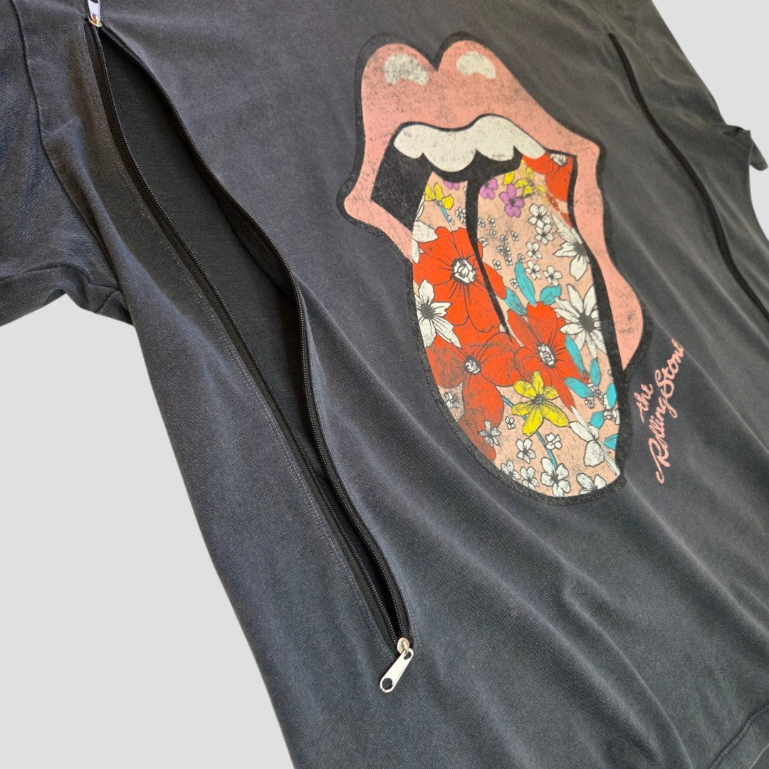 The Next Upcycled Breastfeeding & Pumping Floral Rolling Stones Band T-shirt (XL, 100542) features two diagonal zippers for easy nursing—stylish, comfortable clothing for breastfeeding moms.