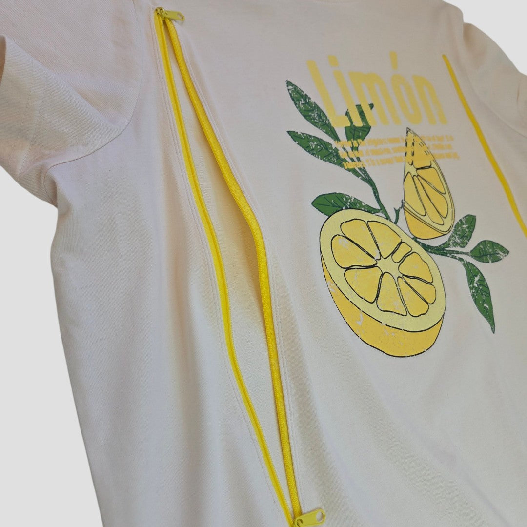 The Simply Be Upcycled Breastfeeding & Pumping Cream Limon Lemon t-shirt UK18 features yellow zippers, a lemon slice graphic with green leaves, and "Limón" in bold yellow text—designed as affordable nursing wear.