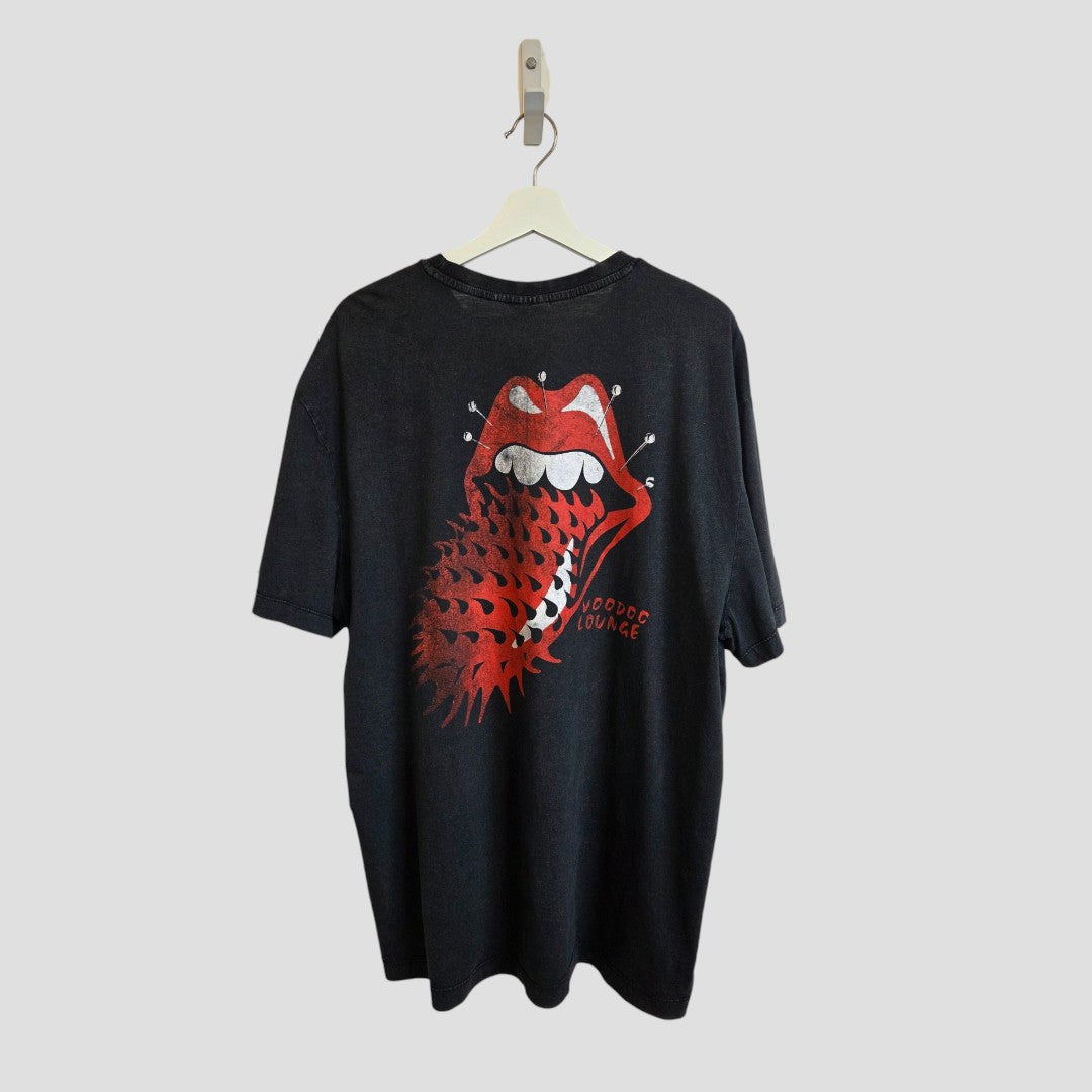 An upcycled Primark XL black Rolling Stones Voodoo Band t-shirt for breastfeeding and pumping, featuring a bold red open mouth/tongue graphic with "VOODOO LOUNGE" text—stylishly functional for any nursing wardrobe.