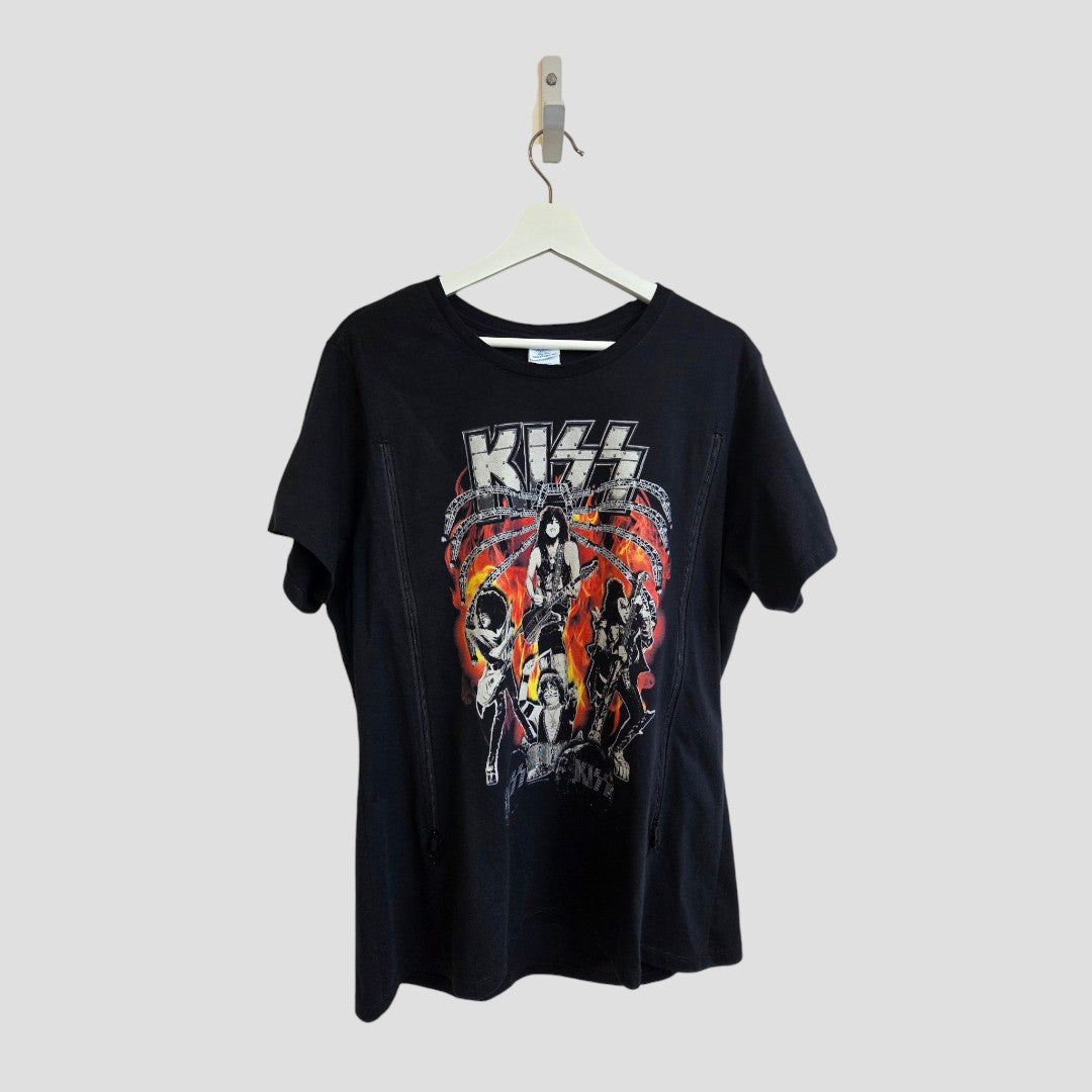 An upcycled Port & Company XXL black/orange KISS Band t-shirt (100565), designed for breastfeeding and pumping, hangs on a white hanger against a plain grey background.