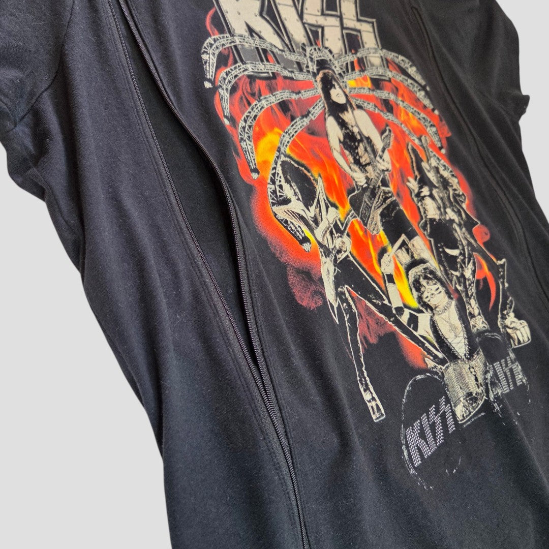 Close-up of a Port & Company Upcycled Breastfeeding & Pumping Black/Orange KISS Band t-shirt (XXL, 100565), featuring the iconic KISS logo with flames. Eco-friendly design photographed at an angle to showcase its bold style.