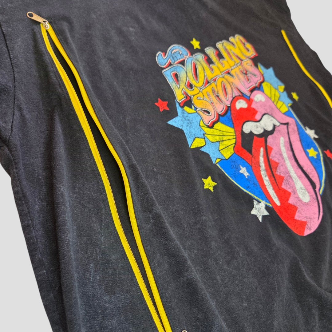 Close-up of a black George Upcycled Breastfeeding & Pumping Rolling Stones Stars Band t-shirt (UK24), featuring the iconic tongue and lips logo with stars and two yellow diagonal zippers for easy nursing access.