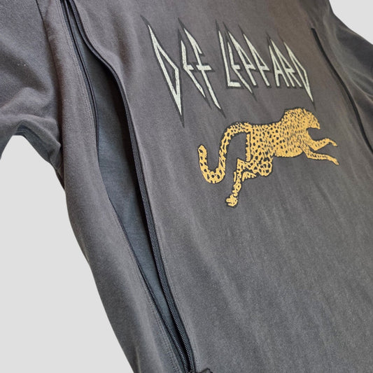 A grey H&M upcycled Def Leppard band t-shirt (size L) designed for breastfeeding and pumping, featuring bold lettering across the front.
