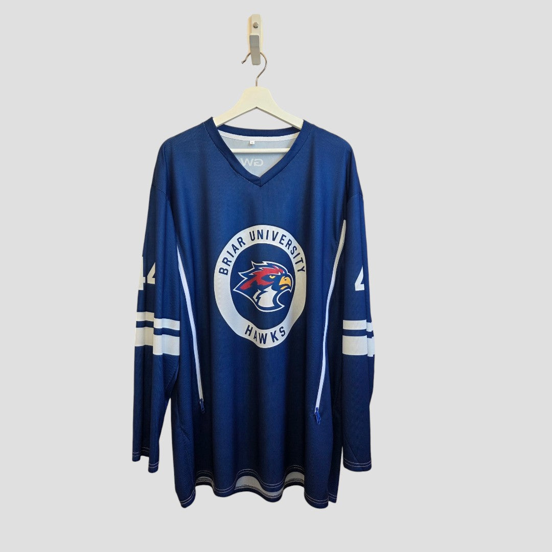 An affordable Amazon Upcycled Breastfeeding & Pumping Blue Off Campus Garrett Graham Ice Hockey Jersey t-shirt XL, featuring white sleeve stripes, number 24 on each sleeve, and a circular Briar University Hawks hawk-head logo, hangs on a wooden hanger.
