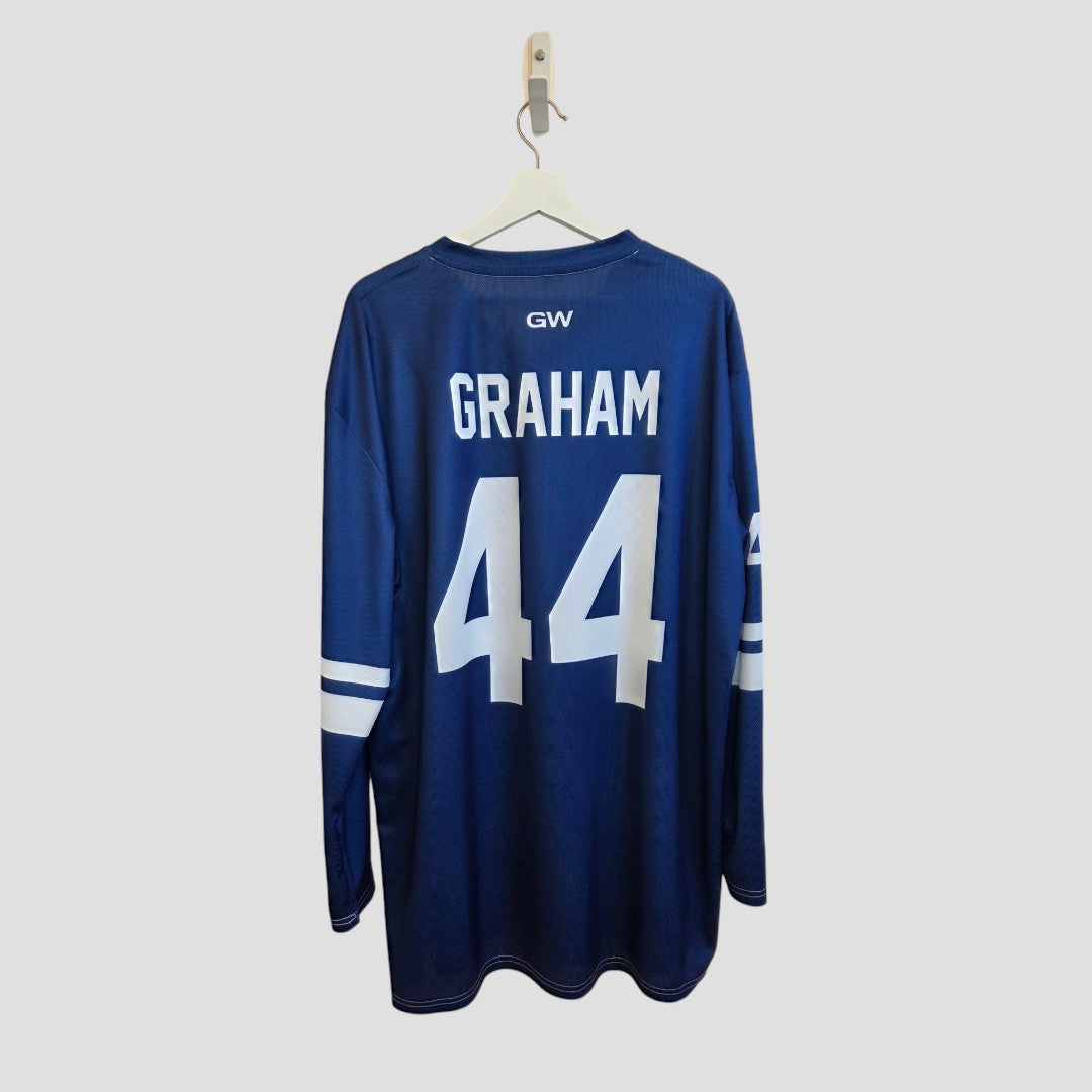 An upcycled XL blue Garrett Graham ice hockey jersey t-shirt with white stripes and GRAHAM 44 on the back, by Amazon, serves as an affordable nursing or pumping top for fans seeking unique style.