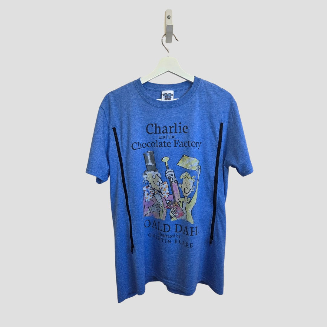 Truffle Shuffle Upcycled Breastfeeding (Nursing) & Pumping Charlie and the Chocolate Factory t-shirt L (100597) – a blue, eco-friendly tee featuring illustrated characters and text referencing Roald Dahl and Quentin Blake, perfect for fans of classic stories and sustainable fashion.
