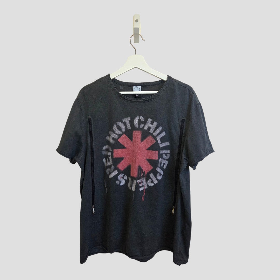 An XL upcycled breastfeeding (nursing) and pumping T-shirt by Amplified, featuring the Red Hot Chili Peppers band logo in red and white on the front, crafted in eco-friendly grey fabric, is displayed on a white hanger against a plain light gray background.
