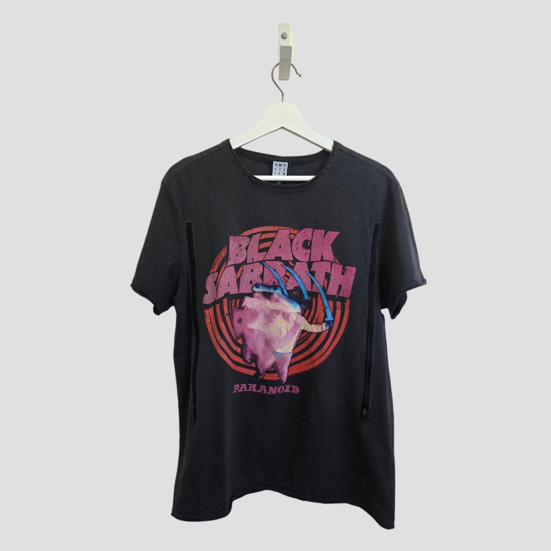 An eco-friendly, upcycled Amplified Black Sabbath band T-shirt (size M), designed for breastfeeding and pumping, features "BEACH SABBATH" and "PARANOID" in pink with a bear holding a surfboard graphic, displayed on a white hanger against a plain background.