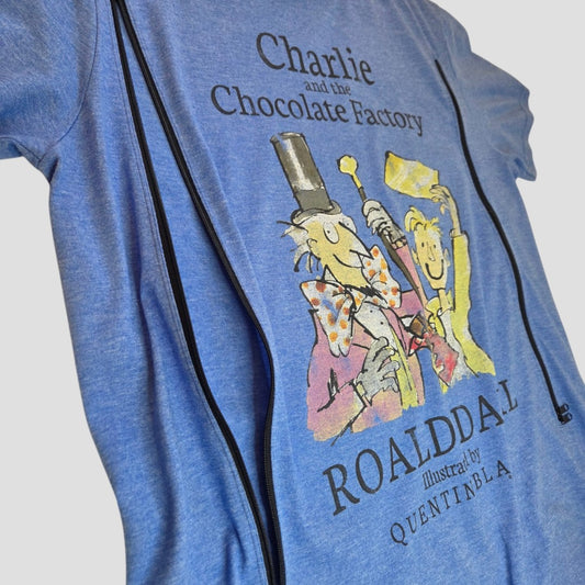 The Truffle Shuffle Upcycled Breastfeeding (Nursing) & Pumping Charlie and the Chocolate Factory t-shirt (L) features a vibrant illustration by Quentin Blake from Roald Dahl's classic story, showcasing two characters celebrating. This eco-friendly and affordable design is a cheerful addition to any wardrobe.