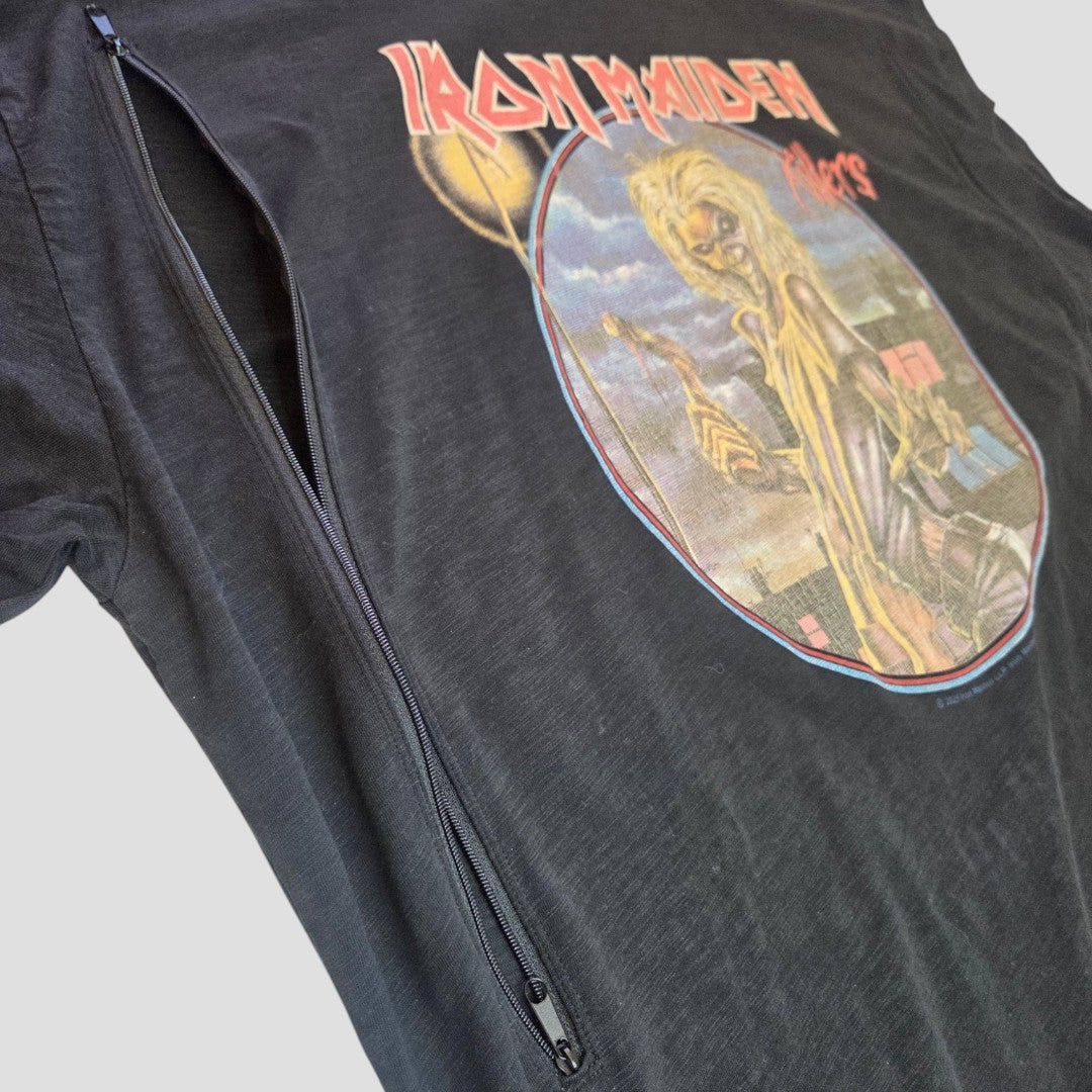 A black Primark Iron Maiden lace band T-shirt (size XL), upcycled into stylish eco nursing clothing with a front graphic and a visible vertical zipper along the left side, designed for comfortable breastfeeding and pumping.