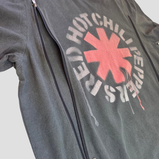 An eco-friendly Upcycled Breastfeeding (Nursing) & Pumping Grey Red Hot Chili Peppers Band t-shirt (XL) by Amplified, featuring the iconic red asterisk and white circular text logo, is displayed flat with its zippers partially open against a plain background—blending sustainable style with band-inspired flair.