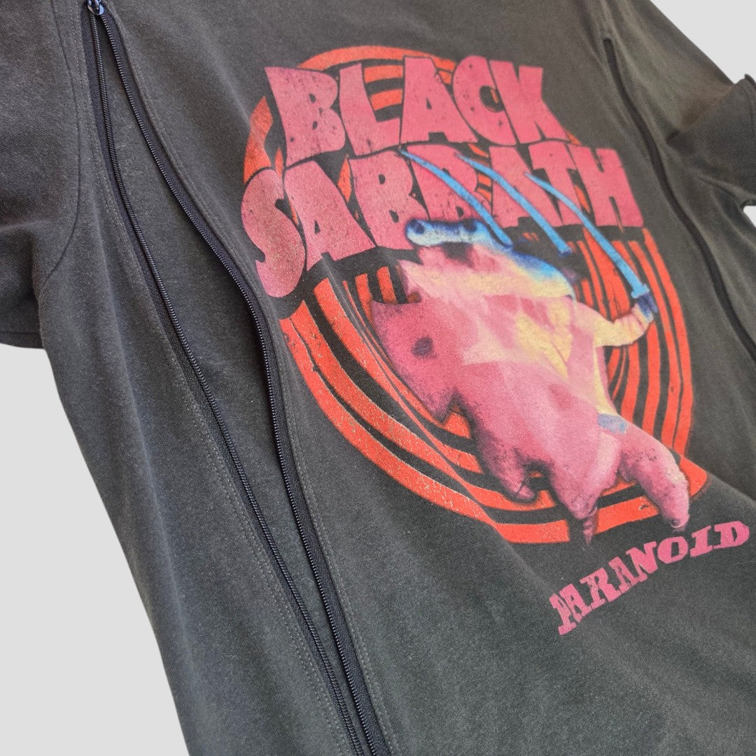 A close-up of the Amplified Upcycled Breastfeeding (Nursing) & Pumping Black Sabbath Band T-shirt in size M (100574), showcasing bold red and pink Paranoid album graphics on a black, eco-friendly tee.