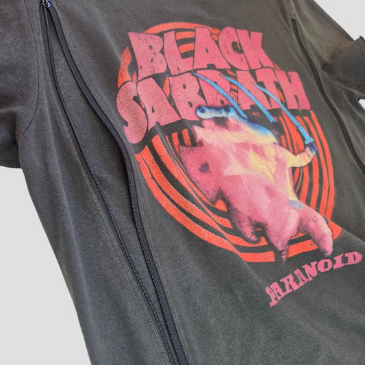A close-up of the Amplified Upcycled Breastfeeding (Nursing) & Pumping Black Sabbath Band T-shirt in size M (100574), showcasing bold red and pink Paranoid album graphics on a black, eco-friendly tee.