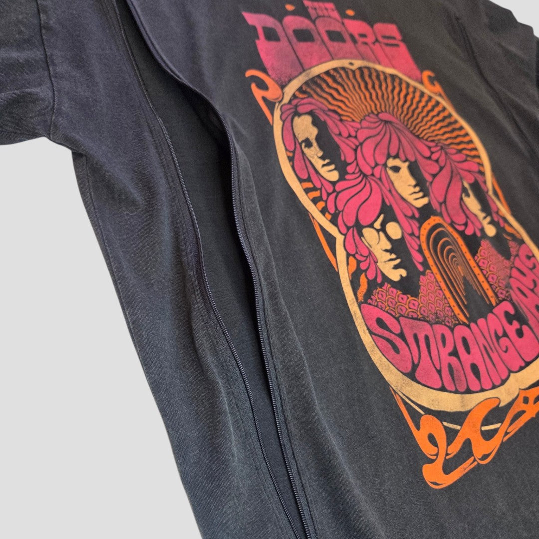 An affordable Primark Upcycled Breastfeeding & Pumping Black/Pink The Doors Band t-shirt (M) featuring psychedelic artwork with orange and pink tones, stylized faces, and "The Doors" and "Strange Days" text—bringing unique flair to your everyday nursing wardrobe.