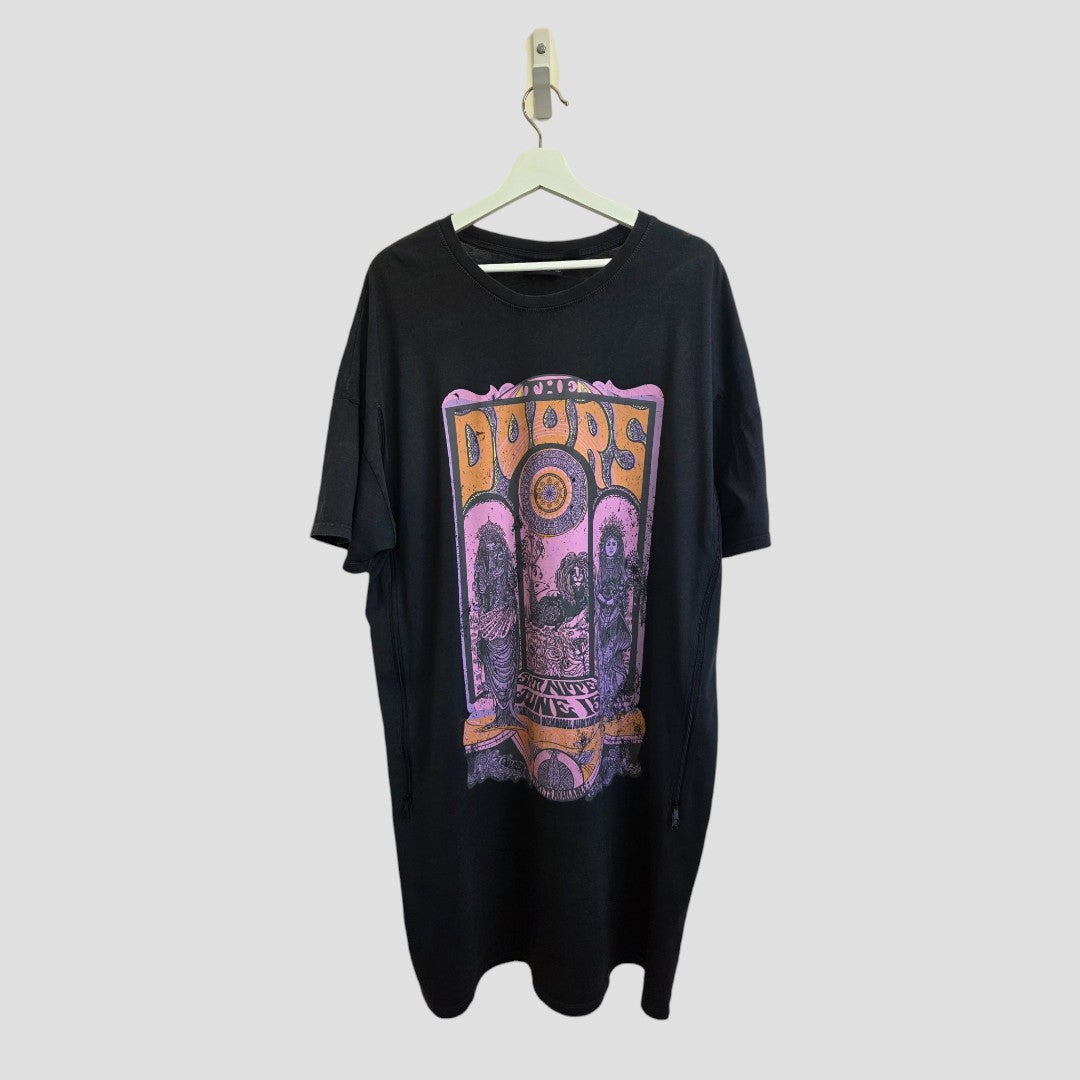 Upcycled Breastfeeding (Nursing) & Pumping The Doors Oversized Band T-shirt Dress in size L (UK14/16) by Primark, featuring a striking purple, yellow, and orange psychedelic graphic of The Doors on the front—ideal for fans seeking casual comfort or those in need of unique nursing clothing.