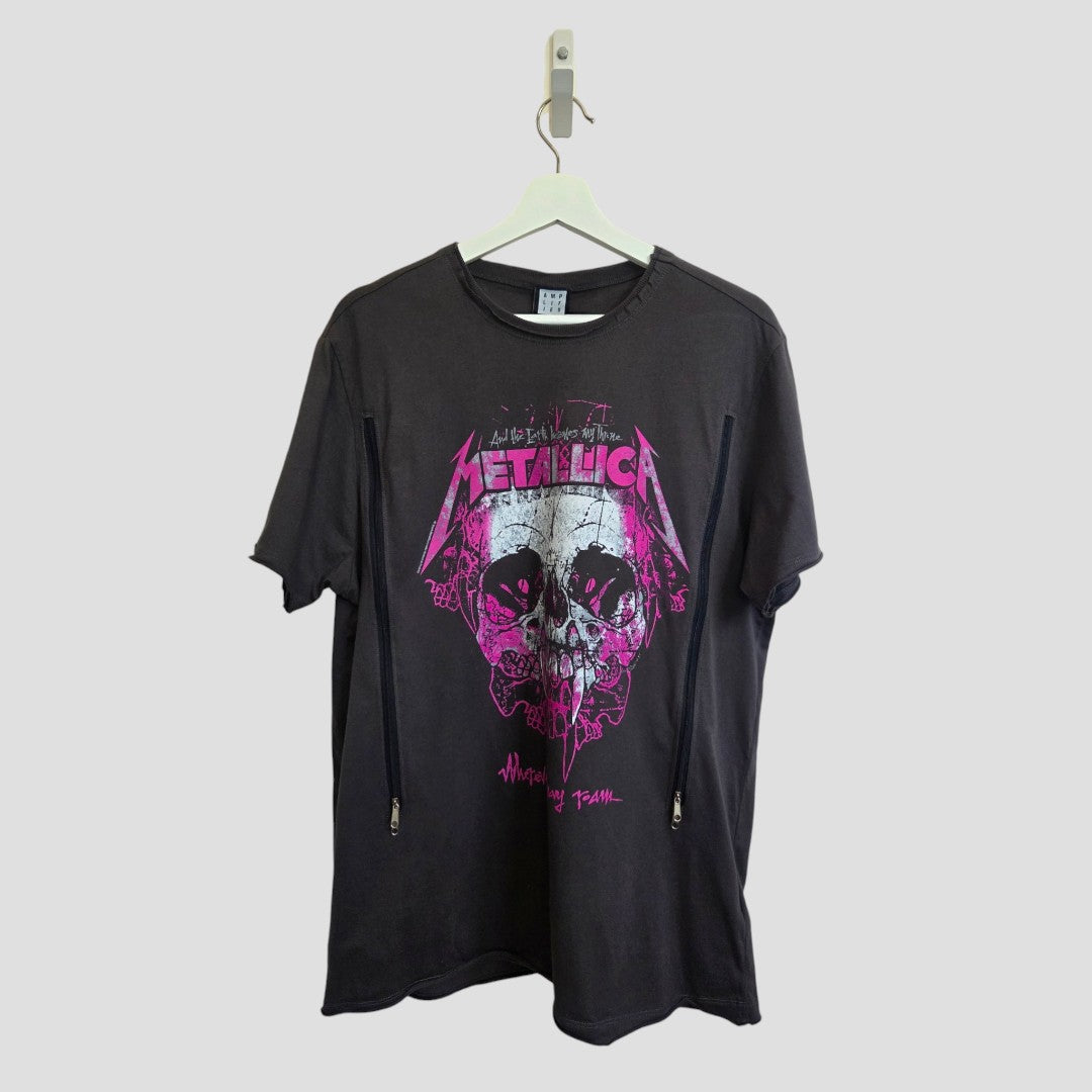 An upcycled black and pink Metallica band T-shirt from Amplified, designed for breastfeeding and pumping, hangs on a white hanger against a plain gray background.