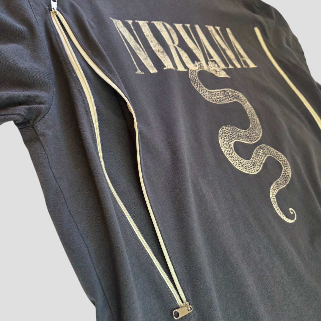 H&M Upcycled Breastfeeding (Nursing) & Pumping Grey/Cream Nirvana Snake Band t-shirt XL (100578): A dark gray Nirvana band tee featuring a white snake graphic and vertical zippers on each side of the chest—partially unzipped for easy nursing or pumping. This stylish and eco-affordable piece is perfect for breastfeeding on the go.