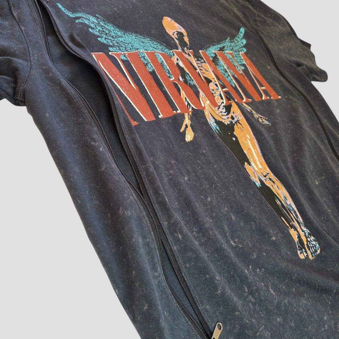 Primark Upcycled Breastfeeding (Nursing) & Pumping Grey/Turquoise Nirvana Angel Band t-shirt (UK10/12, S) features a distinctive winged anatomical graphic and a prominent side zipper for easy breastfeeding access, making it a stylish and affordable eco-friendly nursing option.