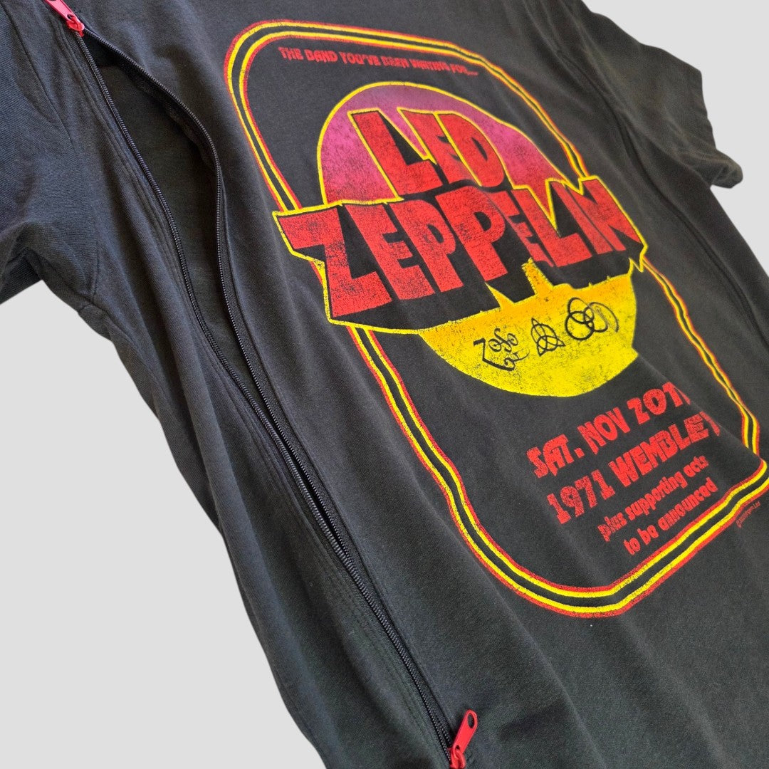 Pull&Bear Upcycled Breastfeeding & Pumping Led Zeppelin Wembley Band T-shirt (size M, style 100575)—a black tee featuring a colorful 1971 concert graphic, designed as eco-friendly, affordable nursing wear for stylish, practical breastfeeding.