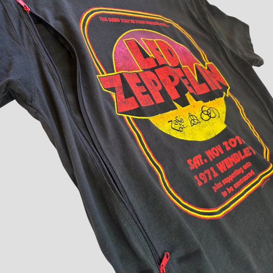 Pull&Bear Upcycled Breastfeeding & Pumping Led Zeppelin Wembley Band T-shirt (size M, style 100575)—a black tee featuring a colorful 1971 concert graphic, designed as eco-friendly, affordable nursing wear for stylish, practical breastfeeding.
