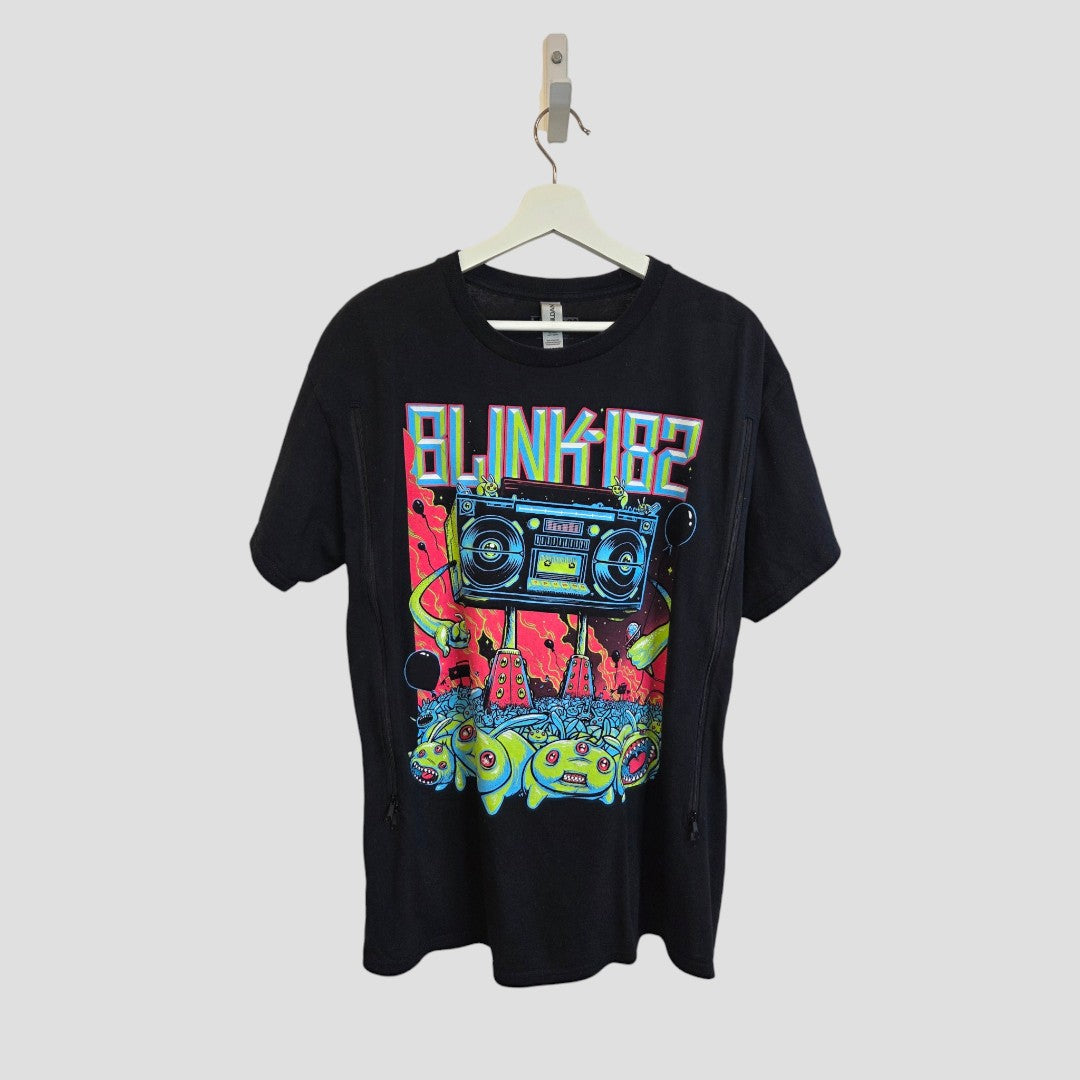 Upcycled Gildan Black Blink-182 Stereo Band T-shirt (size L) for breastfeeding and pumping, featuring a vibrant boombox, cassette, and cartoon frogs graphic—an affordable and stylish nursing wear choice for fans seeking comfort.