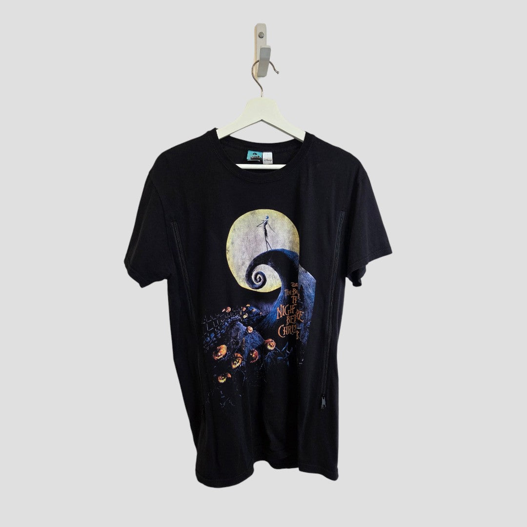 Upcycled Breastfeeding (Nursing) & Pumping The Nightmare Before Christmas t-shirt L (100595) by Truffle Shuffle—an affordable black tee featuring a moonlit Jack Skellington and spiral hill scene, thoughtfully designed for stylish and practical nursing wear.