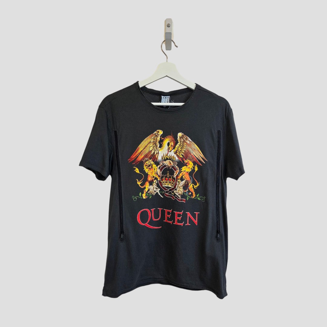 Amplified Upcycled Breastfeeding (Nursing) & Pumping Queen Eagle Band t-shirt in size M (100591), crafted from eco-friendly materials, features a vibrant Queen band logo with crown, lion, crab, and bird imagery. Displayed on a white hanger against a plain gray background.