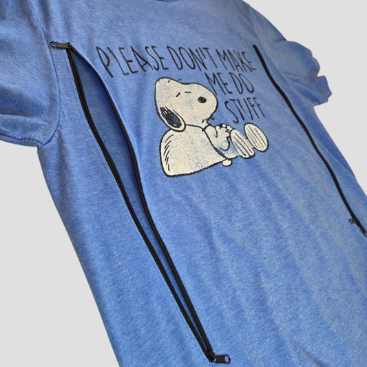 Upcycled Breastfeeding (Nursing) & Pumping Blue Snoopy t-shirt M (100605) by Peanuts: This eco-friendly blue t-shirt features Snoopy lying down with the text “Please don’t make me do stuff.” Designed for nursing, it includes two long black zippers running vertically from the armpit area down each side for easy breastfeeding and pumping access.