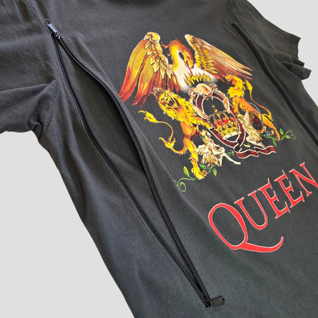 Amplified Upcycled Breastfeeding (Nursing) & Pumping Queen Eagle Band T-shirt M (100591): This black tee features the iconic Queen crest with a phoenix, lions, and crown, and bold red QUEEN lettering underneath. Two parallel vertical zippers on the front provide convenient nursing access, making it a stylish option for breastfeeding or pumping without sacrificing your rock ‘n’ roll style.