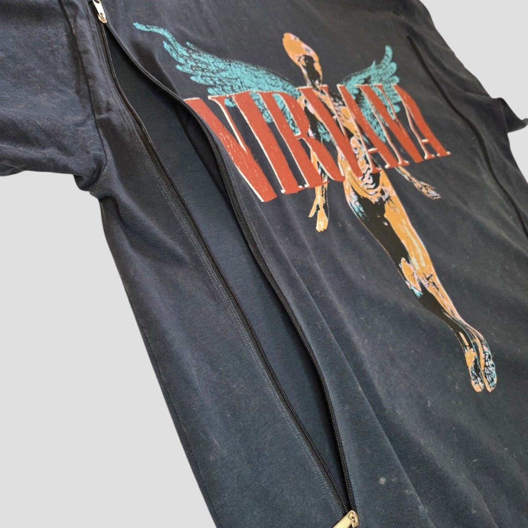 A turquoise Nirvana band t-shirt by Primark, upcycled with a discreet diagonal zipper across the front for nursing and pumping convenience, featuring the iconic angel design from In Utero—offered in size L (UK14/16) for stylish and practical breastfeeding wear.