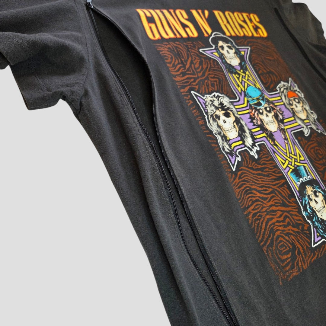 An Upcycled Breastfeeding (Nursing) & Pumping Grey Guns n Roses Cross Band t-shirt by Primark in XL is displayed, featuring a vibrant cross and skulls design with a central zipper, set against a light gray background. Made from 100% cotton, this unique piece effortlessly blends comfort and edgy style.