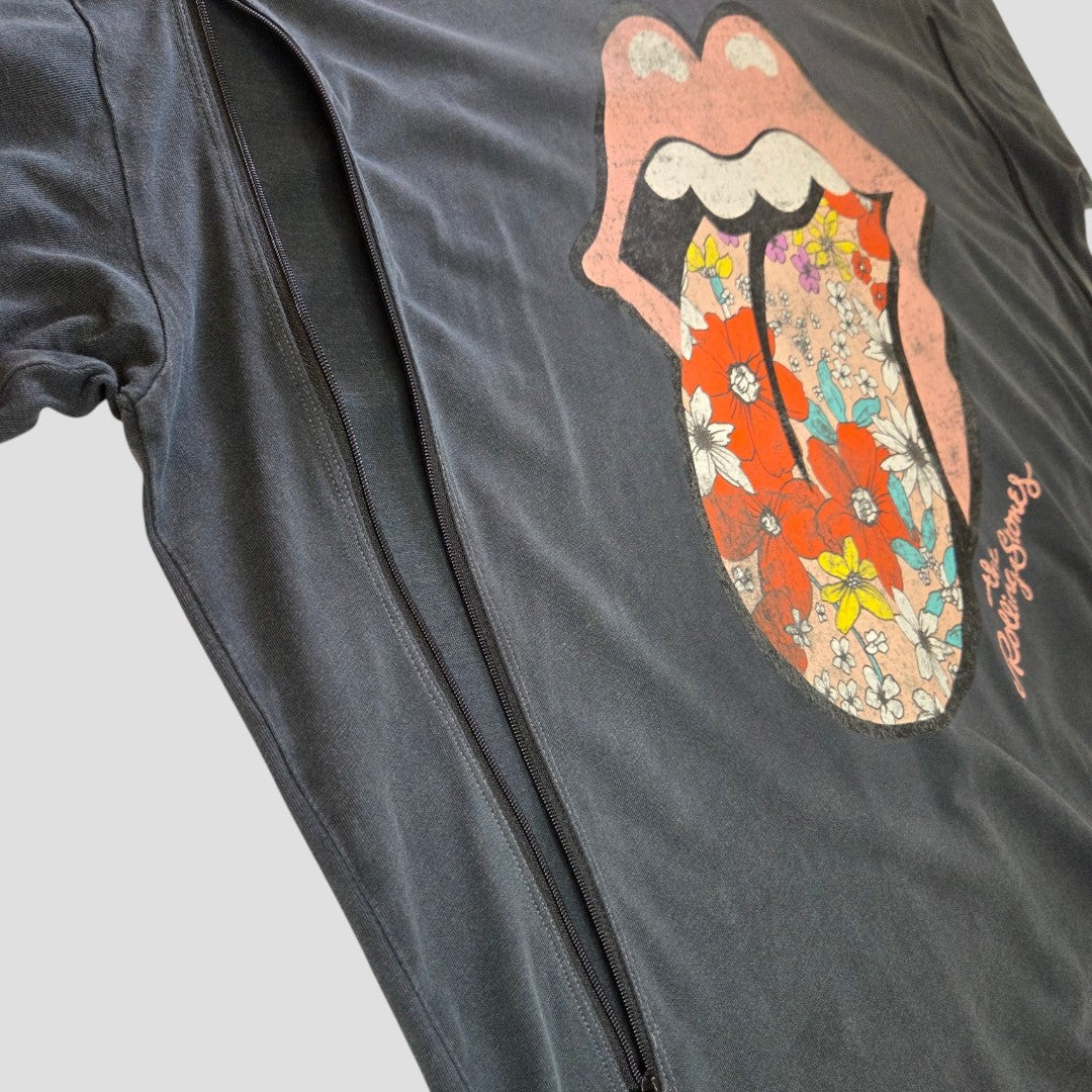 Next Upcycled Breastfeeding (Nursing) & Pumping Grey Floral The Rolling Stones Band t-shirt in XL (100608) features a Rolling Stones tongue logo with a floral pattern. Designed as affordable nursing wear, it includes a discreet vertical zipper next to the graphic for easy breastfeeding or pumping access. Styled on a light gray background.