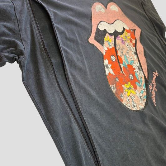 Next Upcycled Breastfeeding (Nursing) & Pumping Grey Floral The Rolling Stones Band t-shirt in XL (100608) features a Rolling Stones tongue logo with a floral pattern. Designed as affordable nursing wear, it includes a discreet vertical zipper next to the graphic for easy breastfeeding or pumping access. Styled on a light gray background.