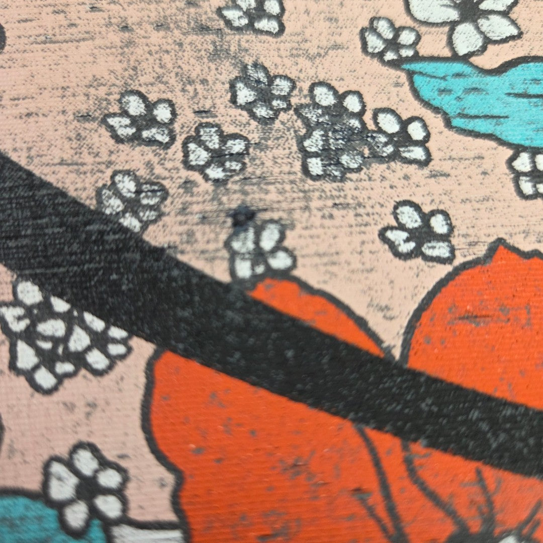 Close-up of a floral pattern featuring small white flowers, a bold red blossom, turquoise accents, and a thick black diagonal line set against a light pink textured background—ideal for eco-friendly and affordable nursing or breastfeeding clothing that offers both style and comfort, such as the Upcycled Breastfeeding (Nursing) & Pumping Grey Floral The Rolling Stones Band t-shirt XL (100608) by Next.