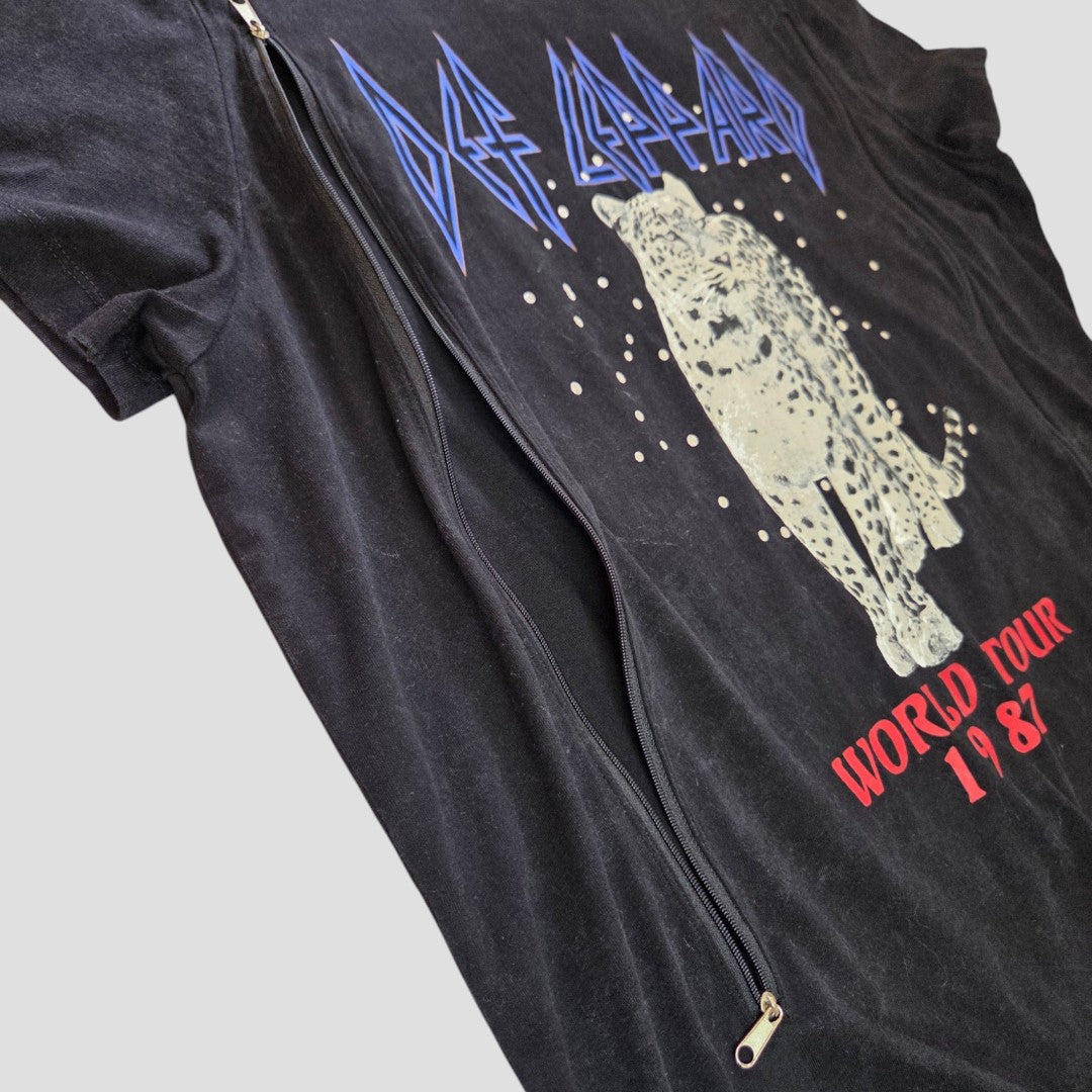 Upcycled Def Leppard Snow Band t-shirt in black, size large, featuring an eco-friendly design. This unique shirt is tailored for breastfeeding and pumping moms (nursing), combining the classic band style with practical functionality.
